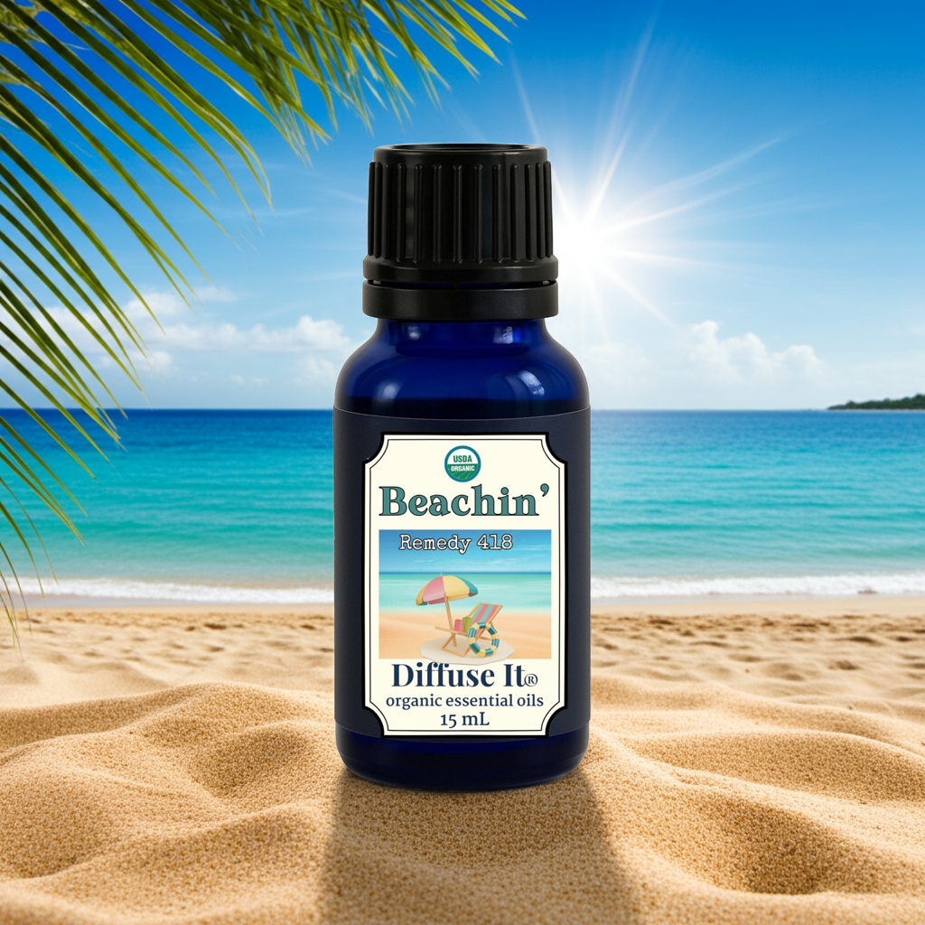 Organic Essential Oil blend with sweet orange, lavender, eucalyptus, ylang ylang, and cedarwood shown on a beach with a palm leaf and sunshine - a Diffuse It® blend from Essential for Wellness.