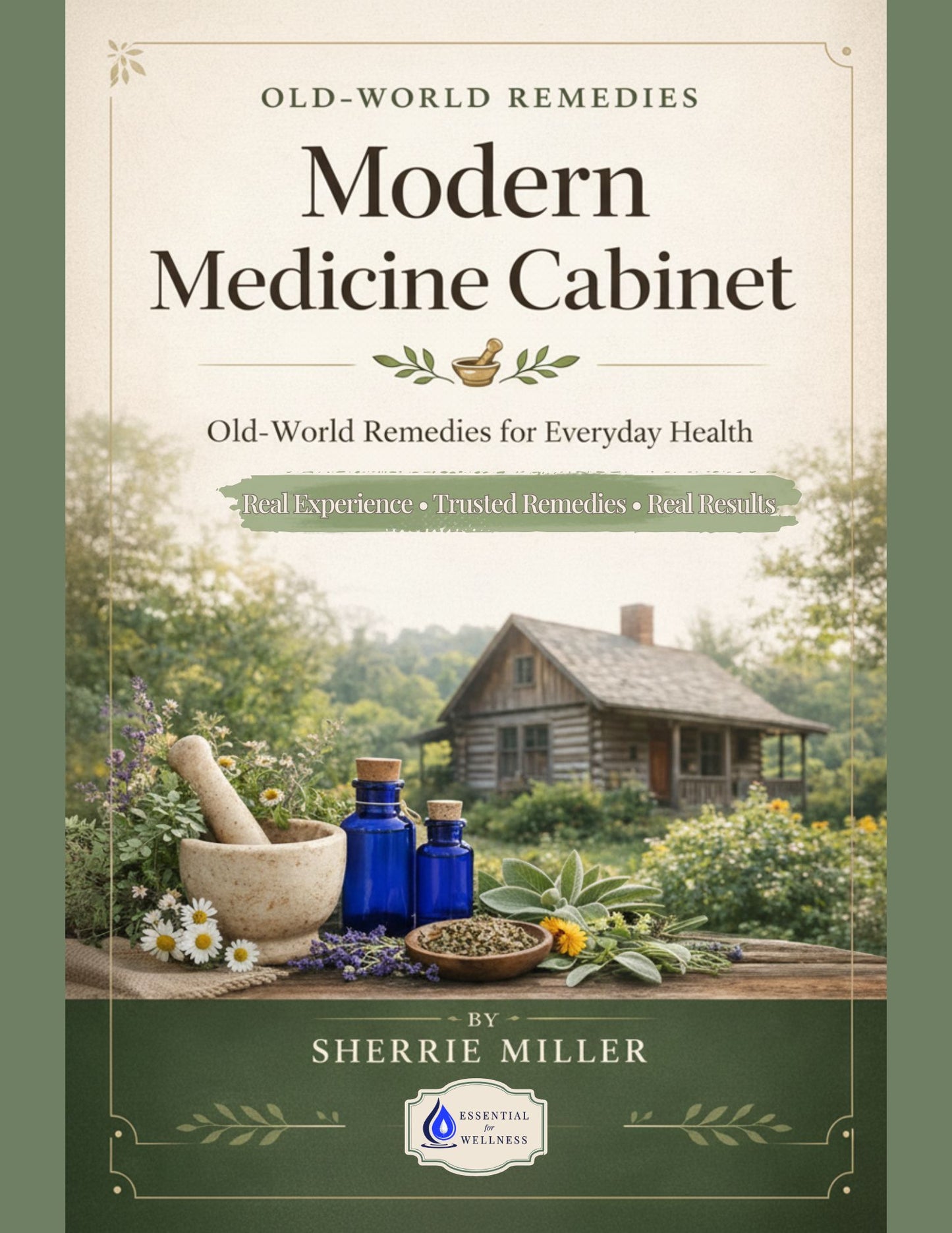 Book cover of 'Modern Medicine Cabinet' by Sherrie Miller with a rustic cabin and herbs on a wooden table.