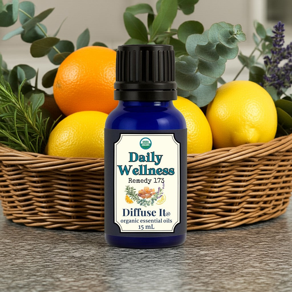 Organic Daily Wellness essential oil blend by Diffuse It from Essential for Wellness. Photo of product with basket of ingredients (lemon, orange, eucalyptus, rosemary, lavender, frankincense)