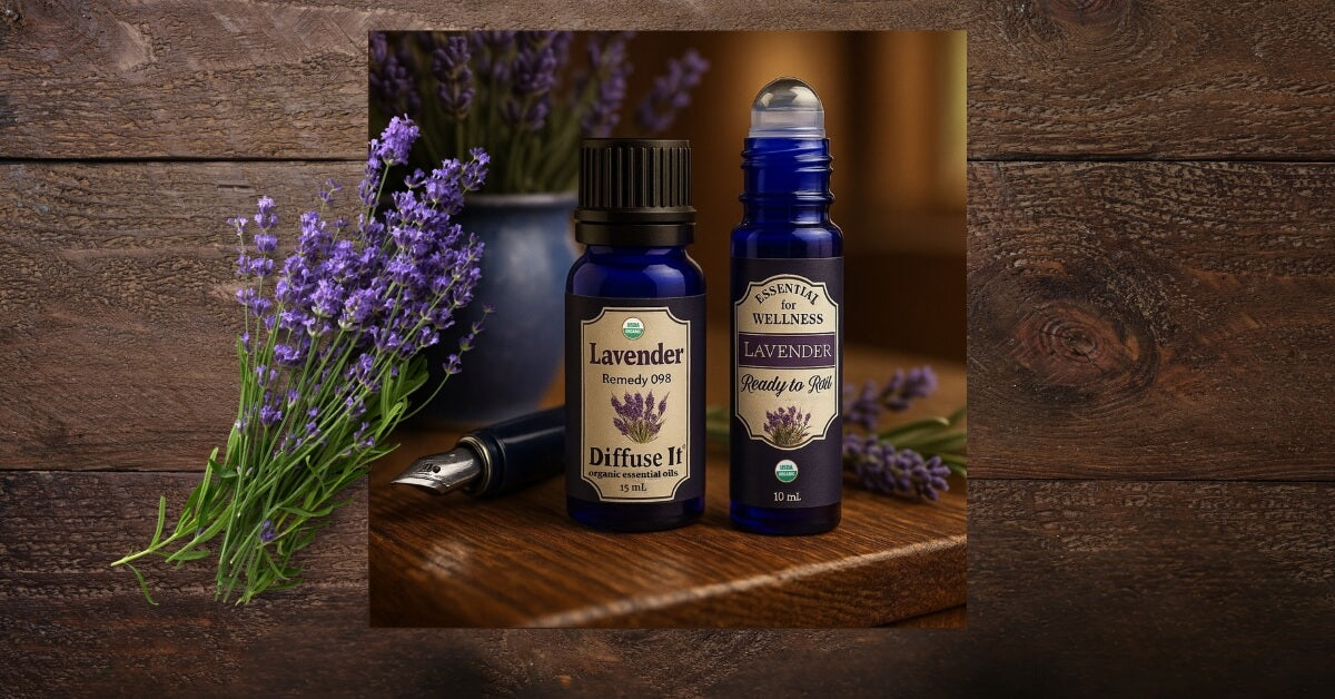 Lavender Organic Essential Oils in both Ready to Roll® for topical use and Diffuse It® for diffuser aromatherapy. Pot of lavender in background with fountain pen on wood desk and lavender flowers overlaying the photo.