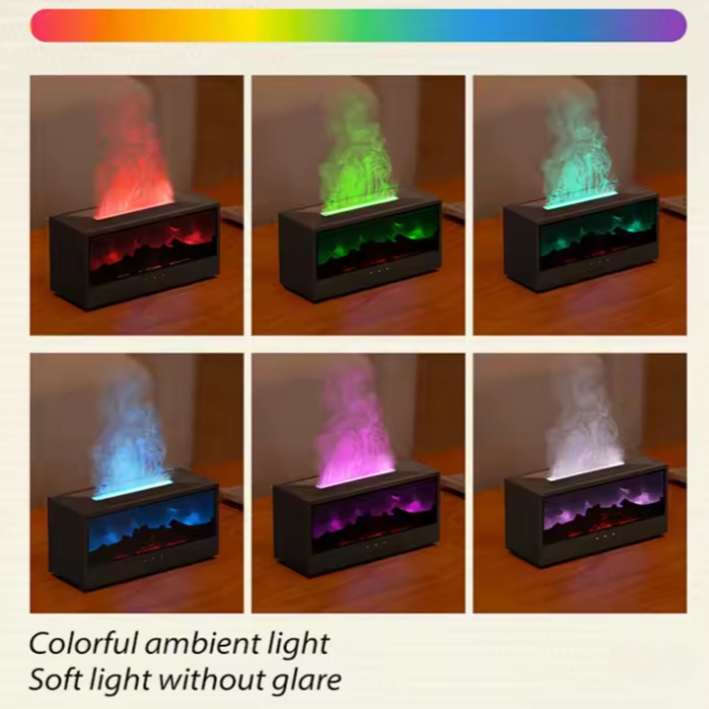 The Fireplace Diffuser from Essential for Wellness demonstrating six of the colors of flame