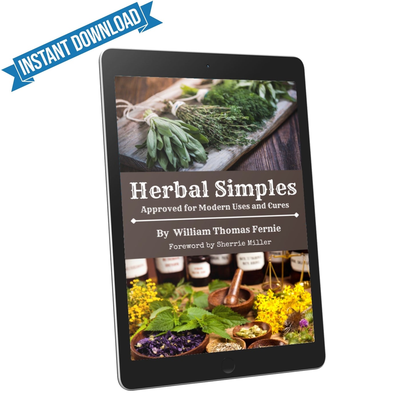 Tablet displaying the cover of 'Herbal Simples' with herbs and a title bar indicating instant download.