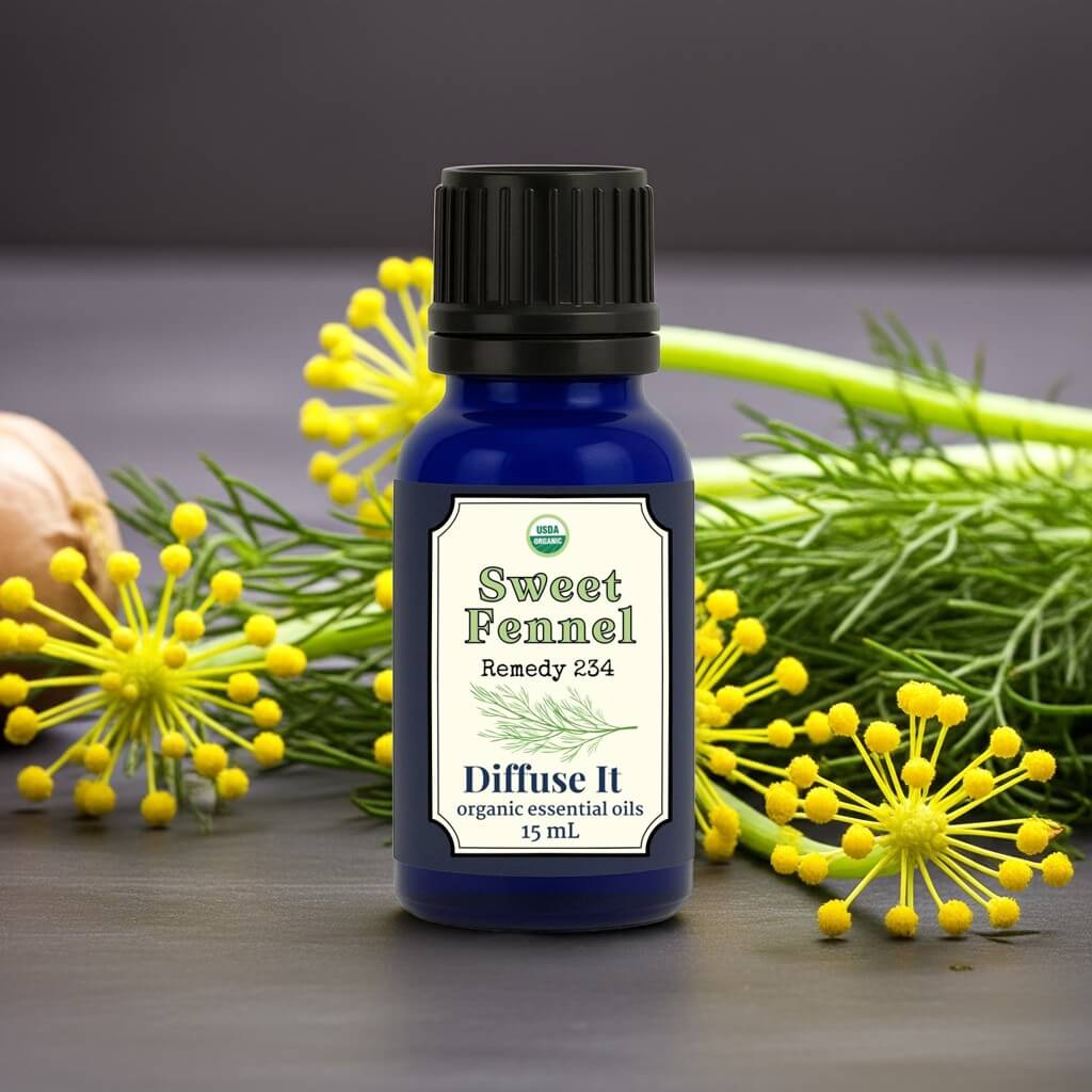 Organic Sweet Fennel Essential Oil for aromatherapy diffusers or for topical use when added to a carrier. Diffuse It® bottle on top of counter with sweet fennel herb in background.