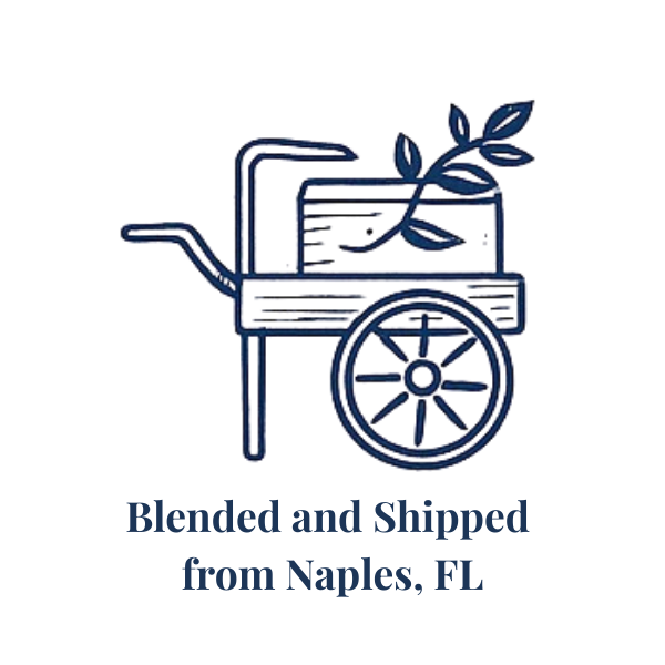 Blue sketched two-wheeled cart with vines representing shipped with love for Essential for Wellness