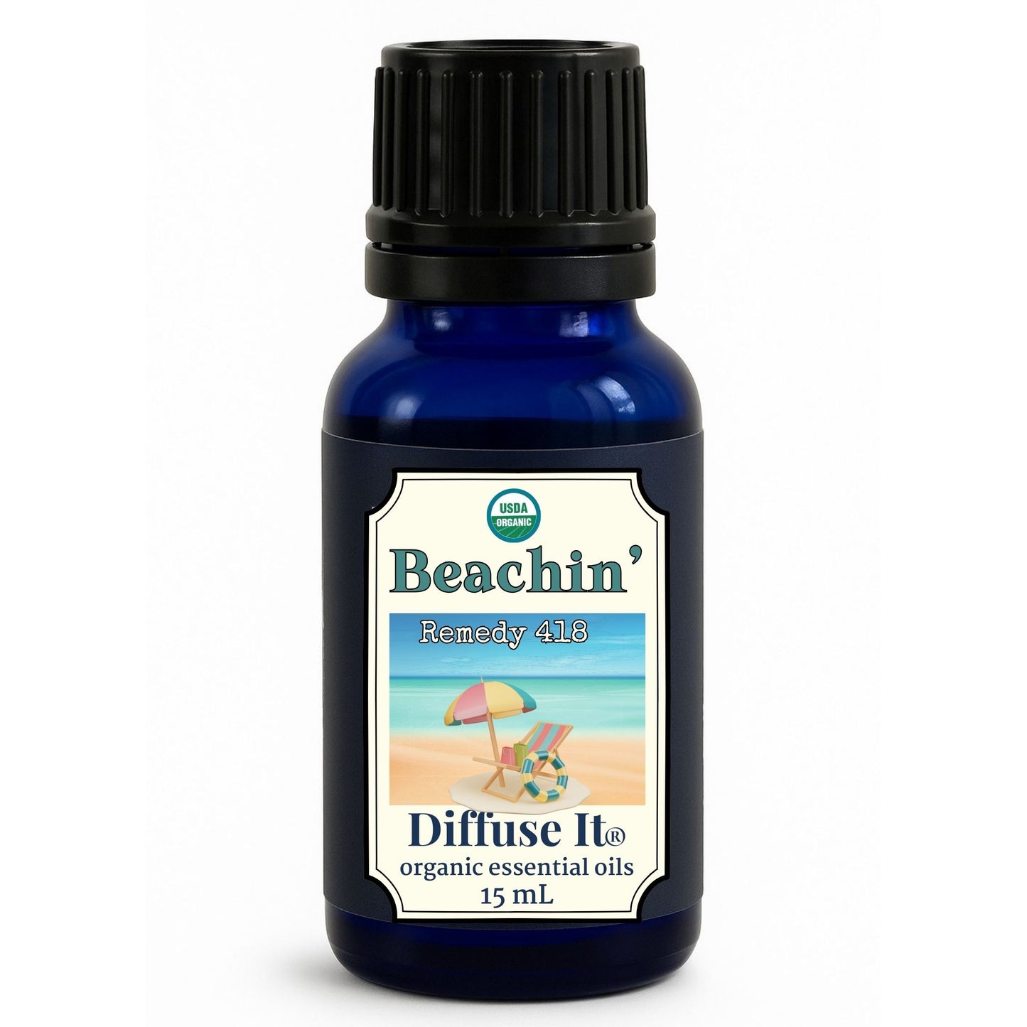 Cobalt blue 15 mL bottle of Diffuse It® Organic Beachin' essential oil with organic ylang ylang, sweet orange, eucalyptus, lavender, and cedarwood organic essential oils by Essential for Wellness