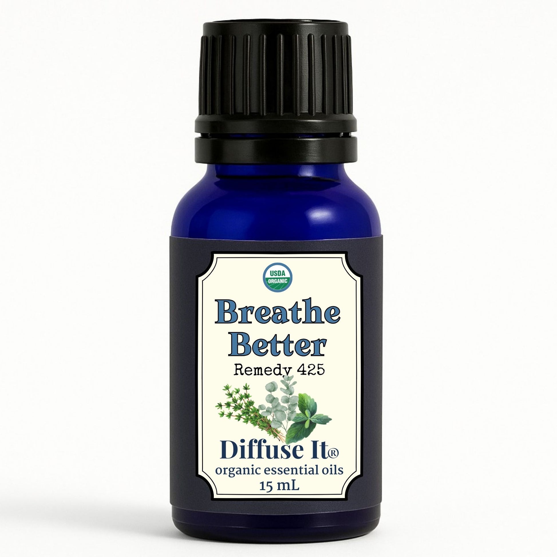 Cobalt blue 15 mL bottle of Diffuse It® Organic Breathe Better with organic peppermint, eucalyptus, and thyme essential oils by Essential for Wellness