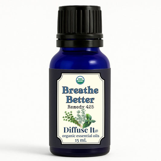 Cobalt blue 15 mL bottle of Diffuse It® Organic Breathe Better with organic peppermint, eucalyptus, and thyme essential oils by Essential for Wellness