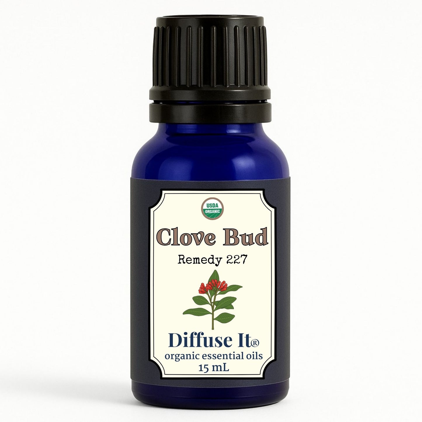 Cobalt blue 15 mL bottle of Diffuse It® Organic Clove Bud essential oil by Essential for Wellness Organic Essential Oils