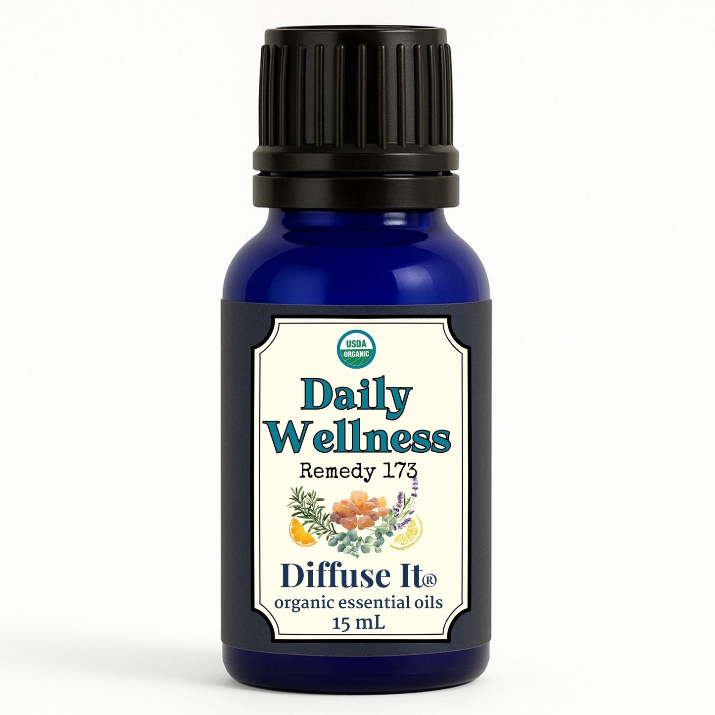 Cobalt blue 15 mL bottle of Diffuse It® Daily Wellness essential oil by Essential for Wellness