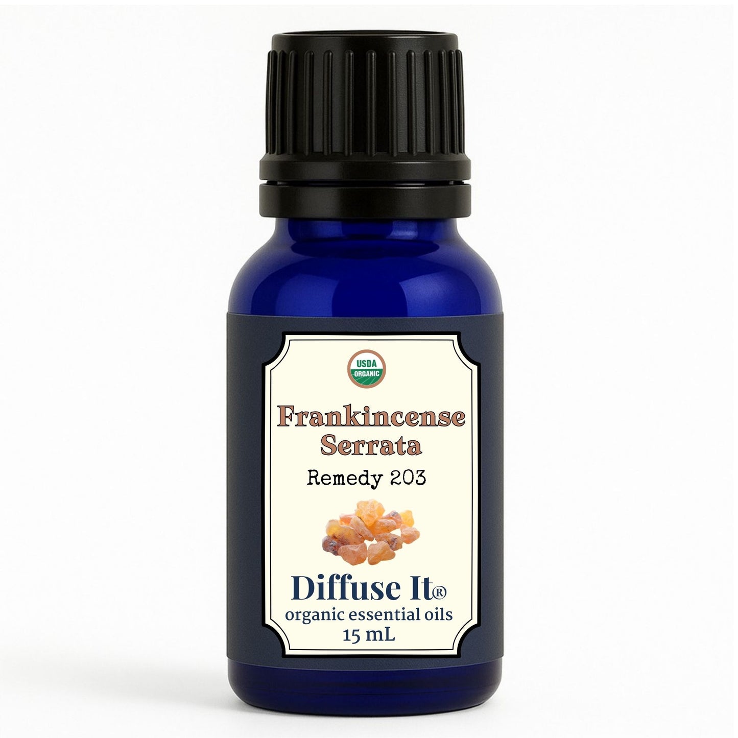 Cobalt blue 15 mL bottle of Diffuse It® Frankincense Serrata essential oil by Essential for Wellness