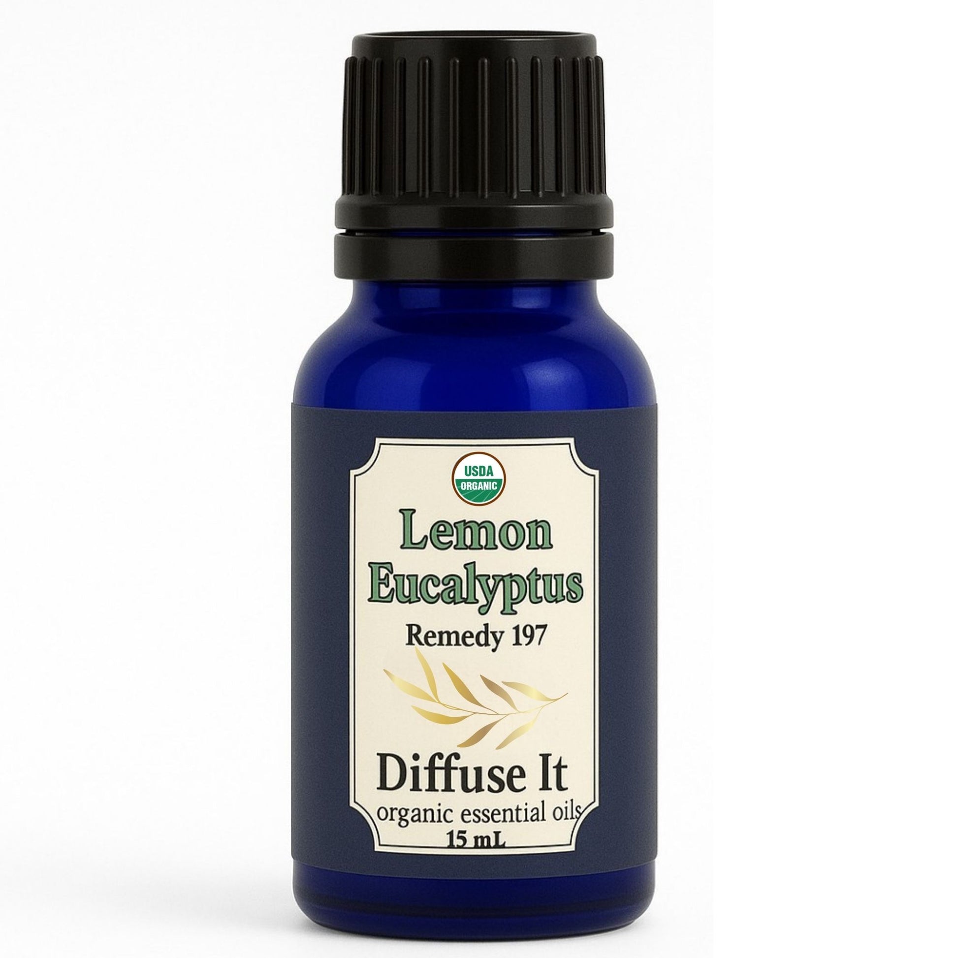 Cobalt blue 15 mL bottle of Diffuse It® Organic Lemon Eucalyptus essential oil by Essential for Wellness Organic Essential Oils