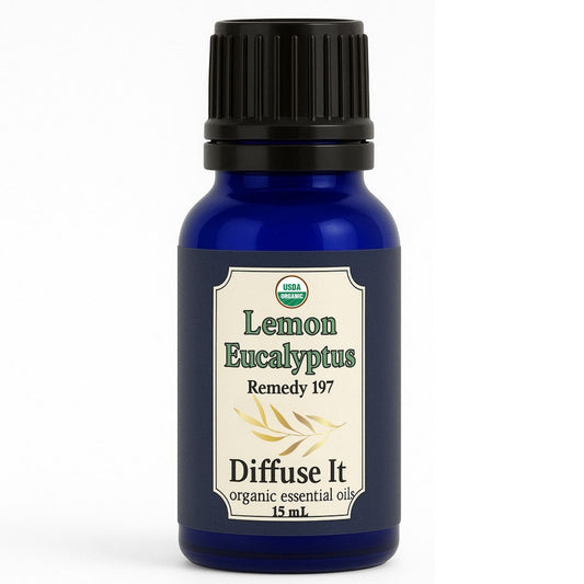 Cobalt blue 15 mL bottle of Diffuse It® Organic Lemon Eucalyptus essential oil by Essential for Wellness Organic Essential Oils