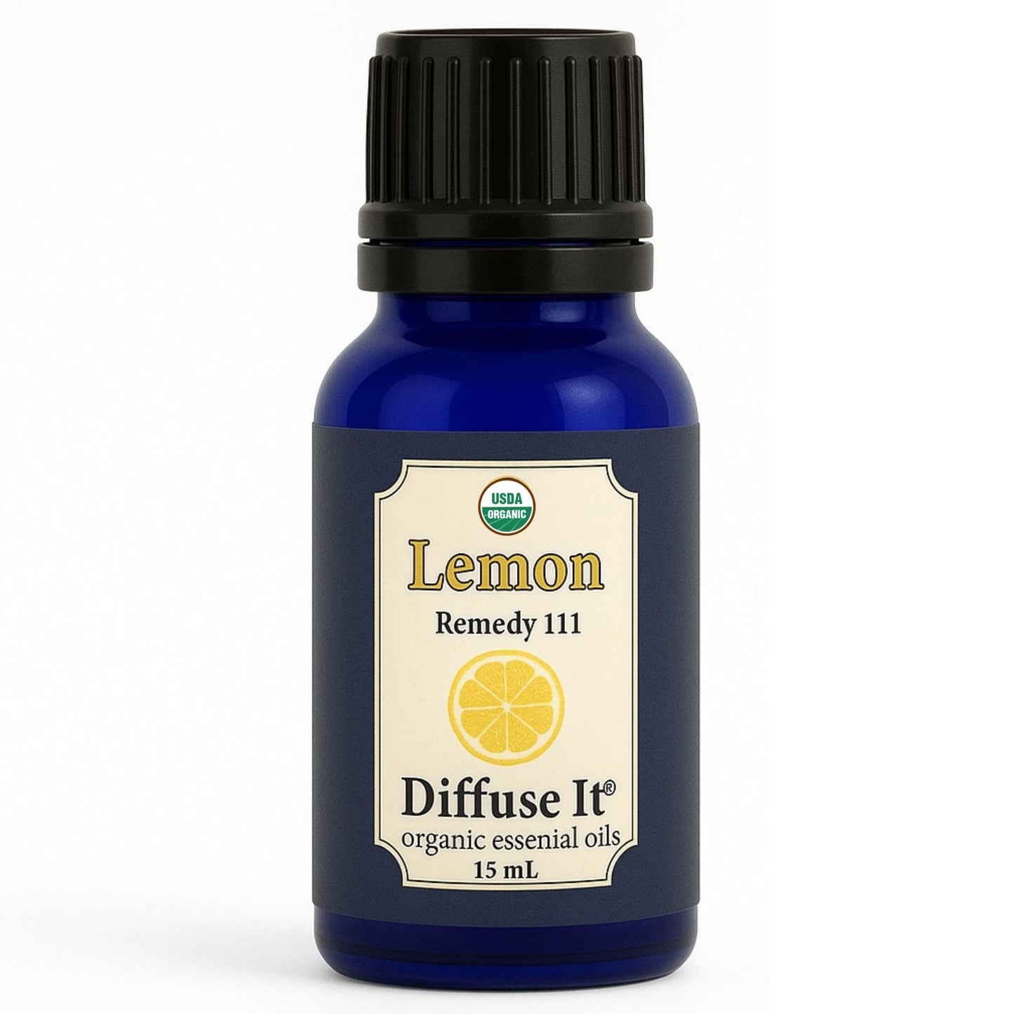 Cobalt blue 15 mL bottle of Diffuse It® Lemon essential oil by Essential for Wellness