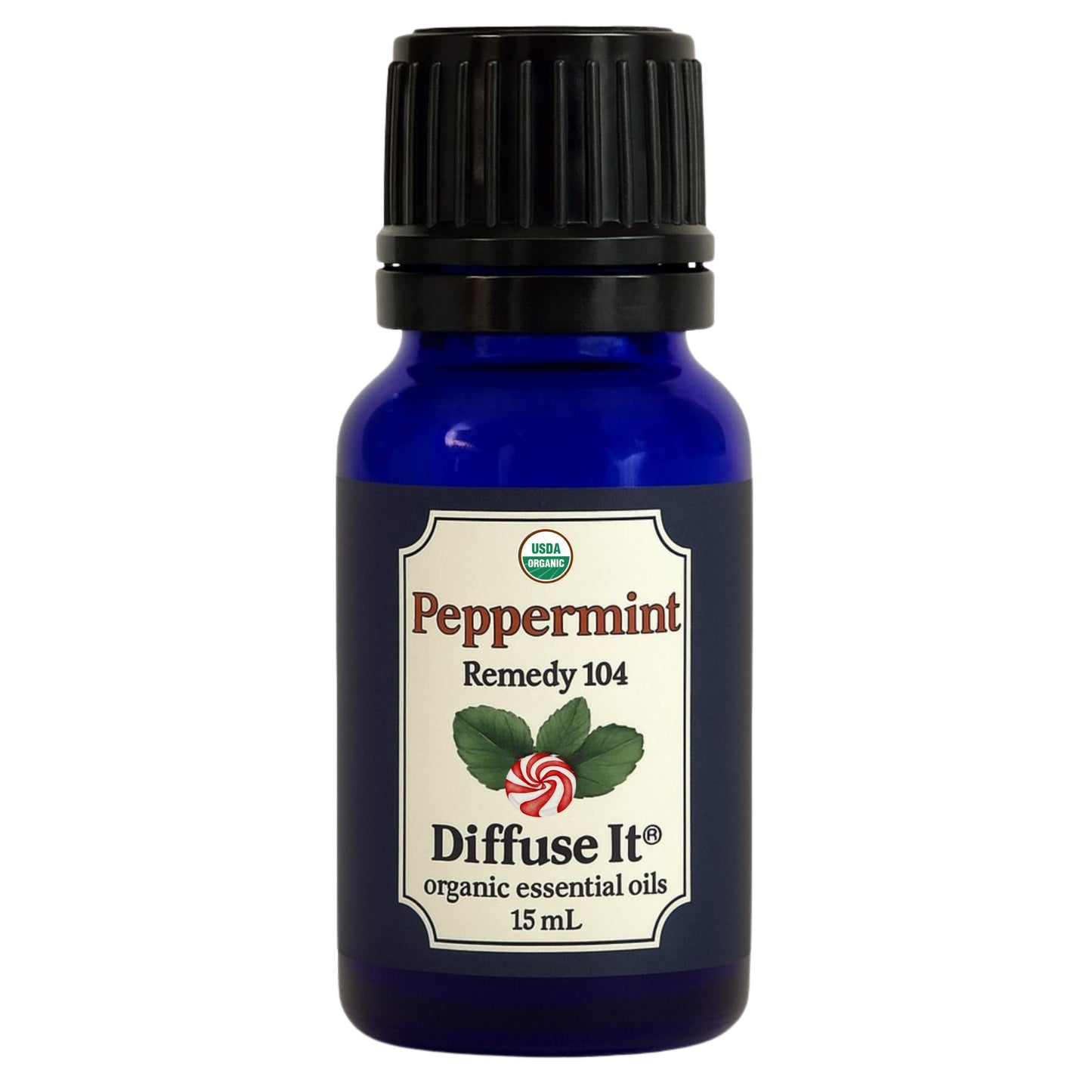 Cobalt blue 15 mL bottle of Diffuse It® Organic Peppermint essential oil by Essential for Wellness Organic Essential Oils