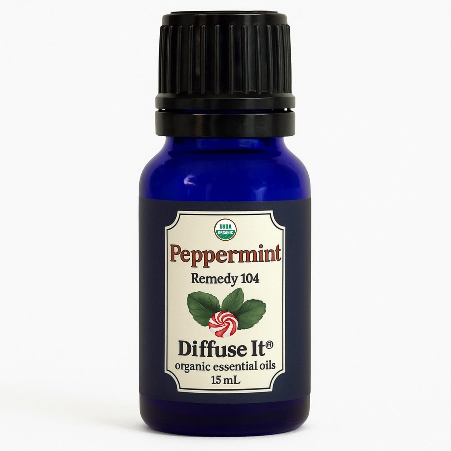 Cobalt blue 15 mL bottle of Diffuse It® Peppermint essential oil by Essential for Wellness
