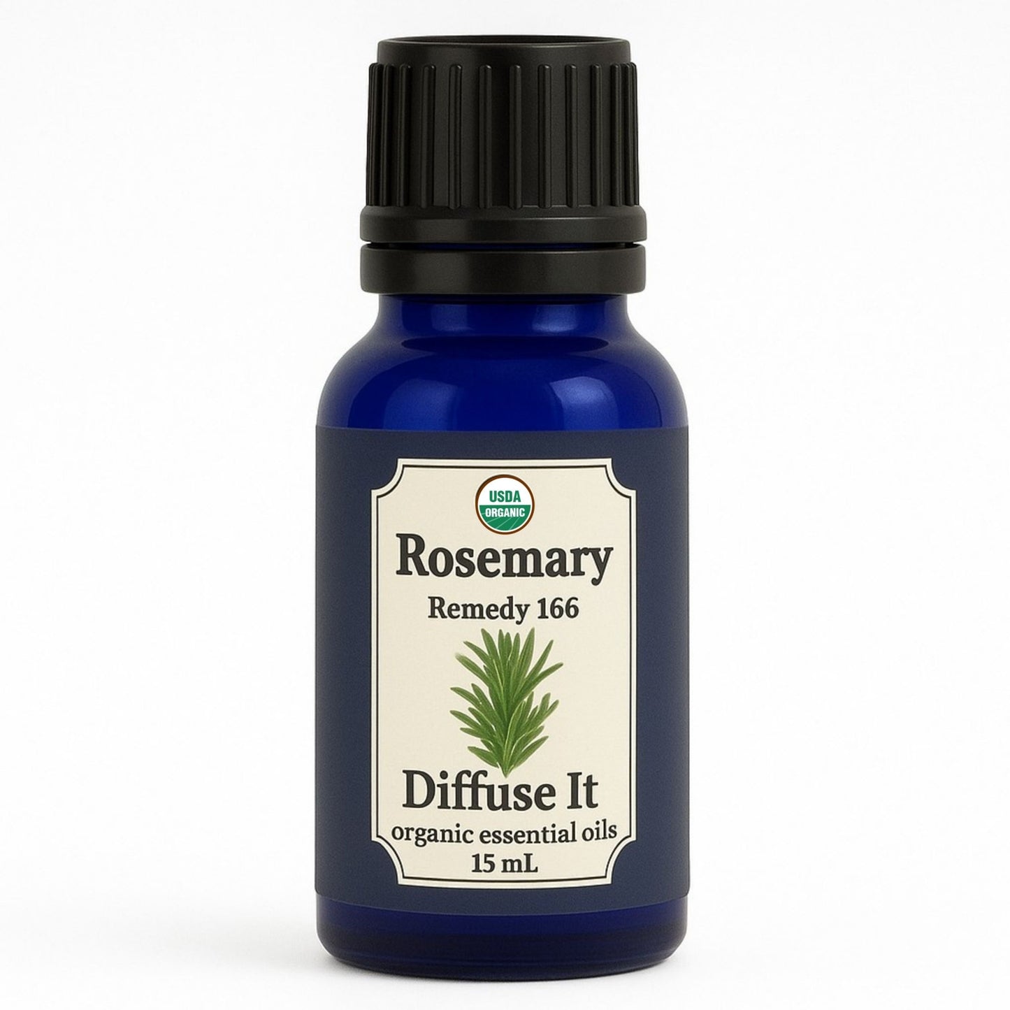 Cobalt blue 15 mL bottle of Diffuse It® Rosemary essential oil by Essential for Wellness