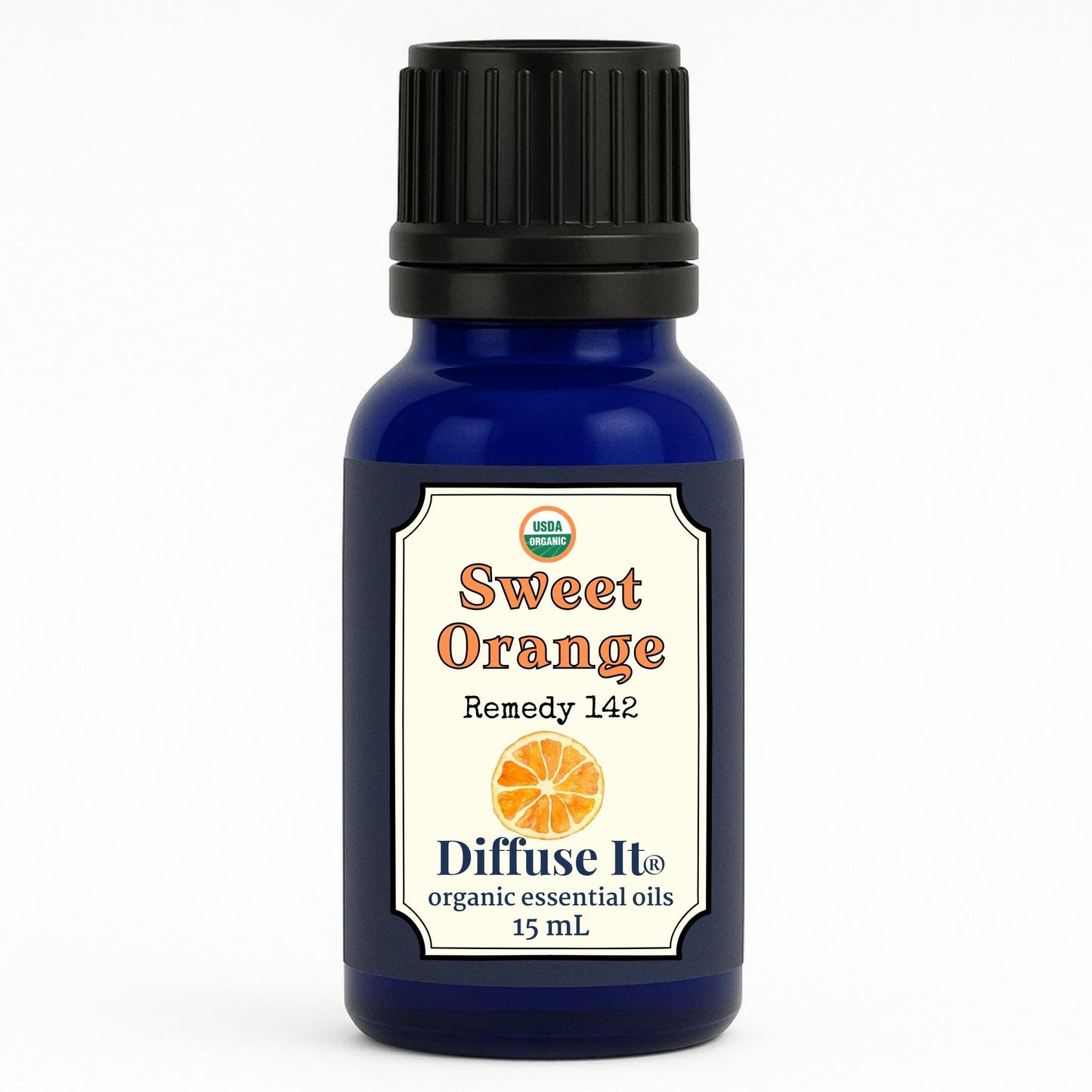 Cobalt blue 15 mL bottle of Diffuse It® Sweet Orange essential oil by Essential for Wellness