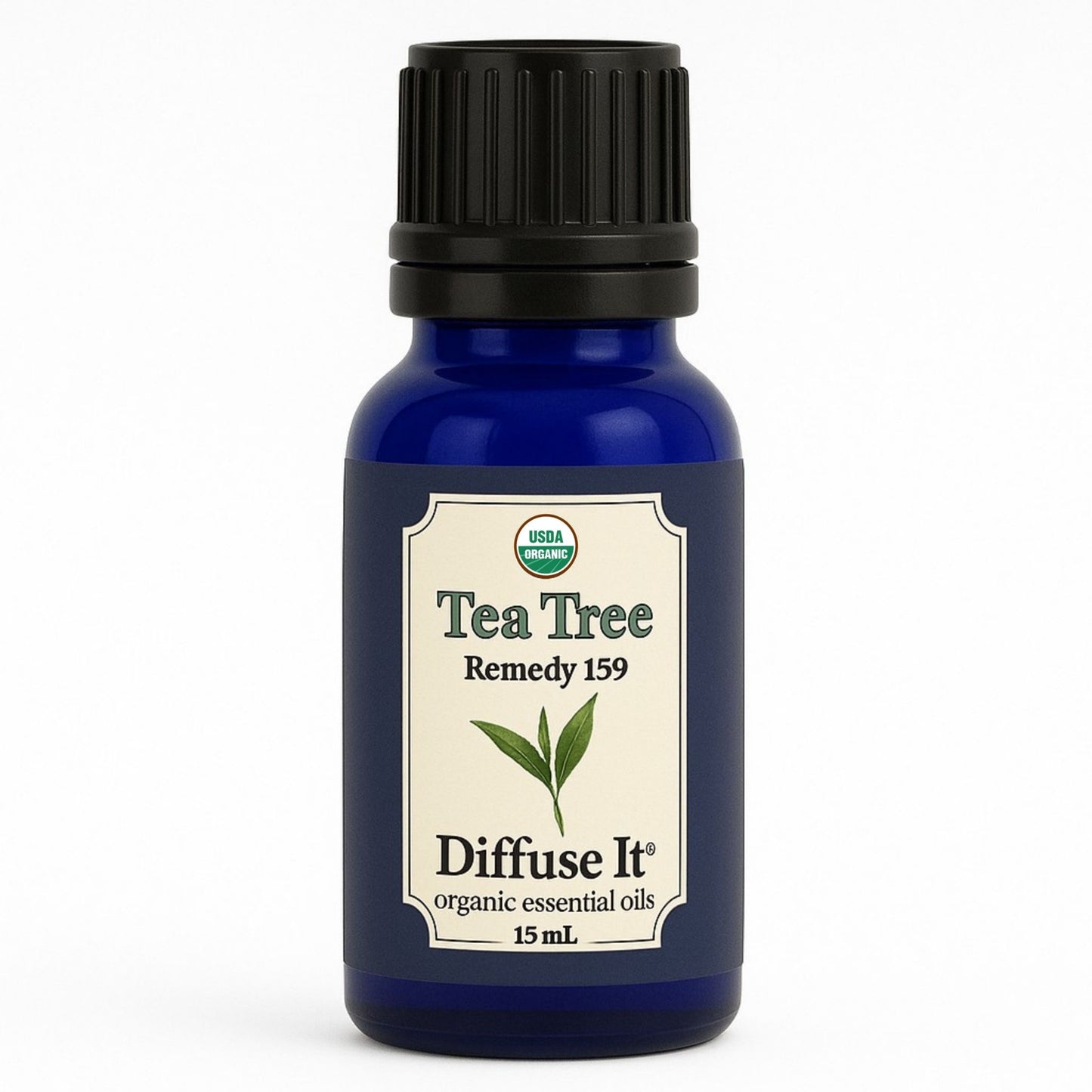 Cobalt blue 15 mL bottle of Diffuse It® Organic Tea Tree essential oil by Essential for Wellness Organic Essential Oils