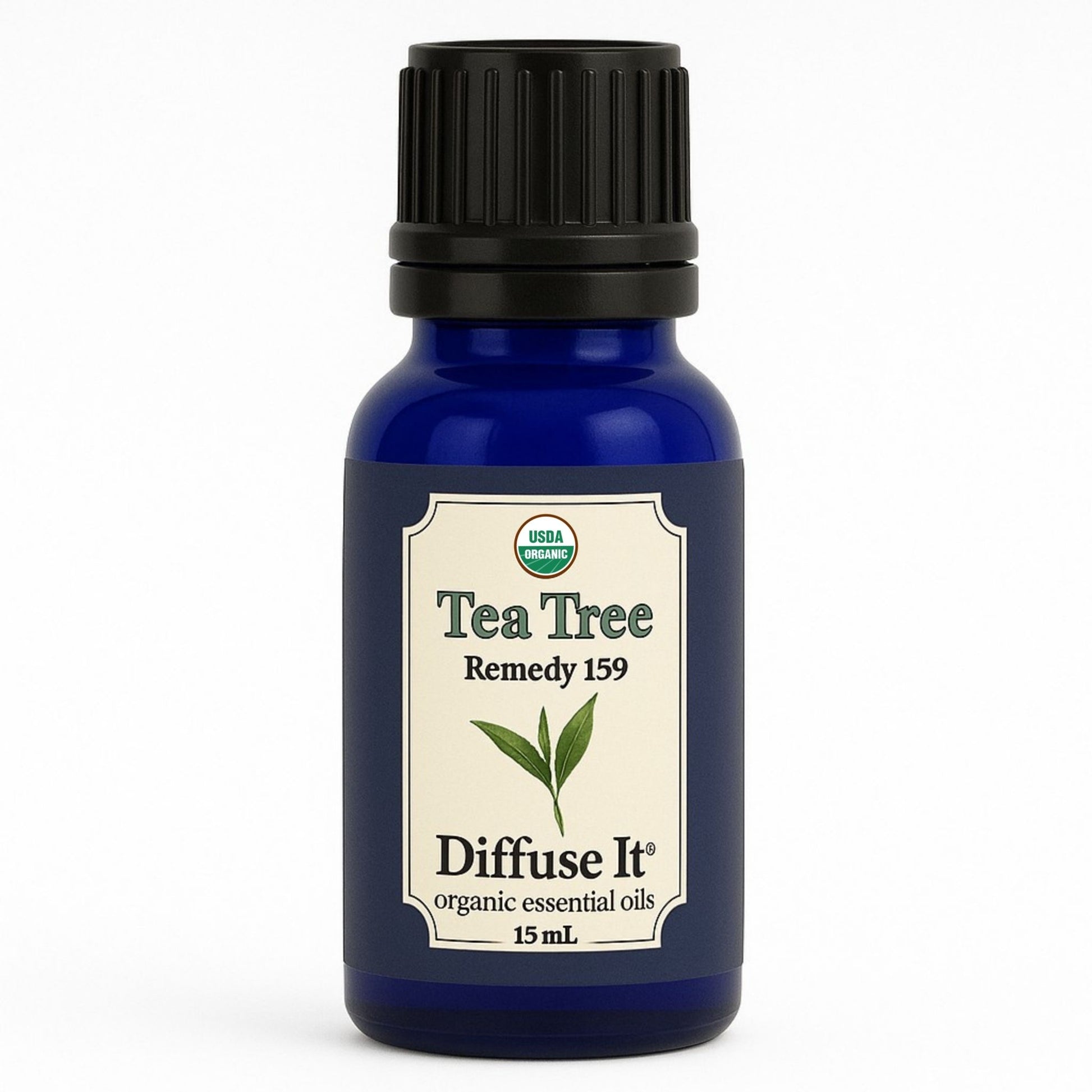 Cobalt blue 15 mL bottle of Diffuse It® Organic Tea Tree essential oil by Essential for Wellness Organic Essential Oils