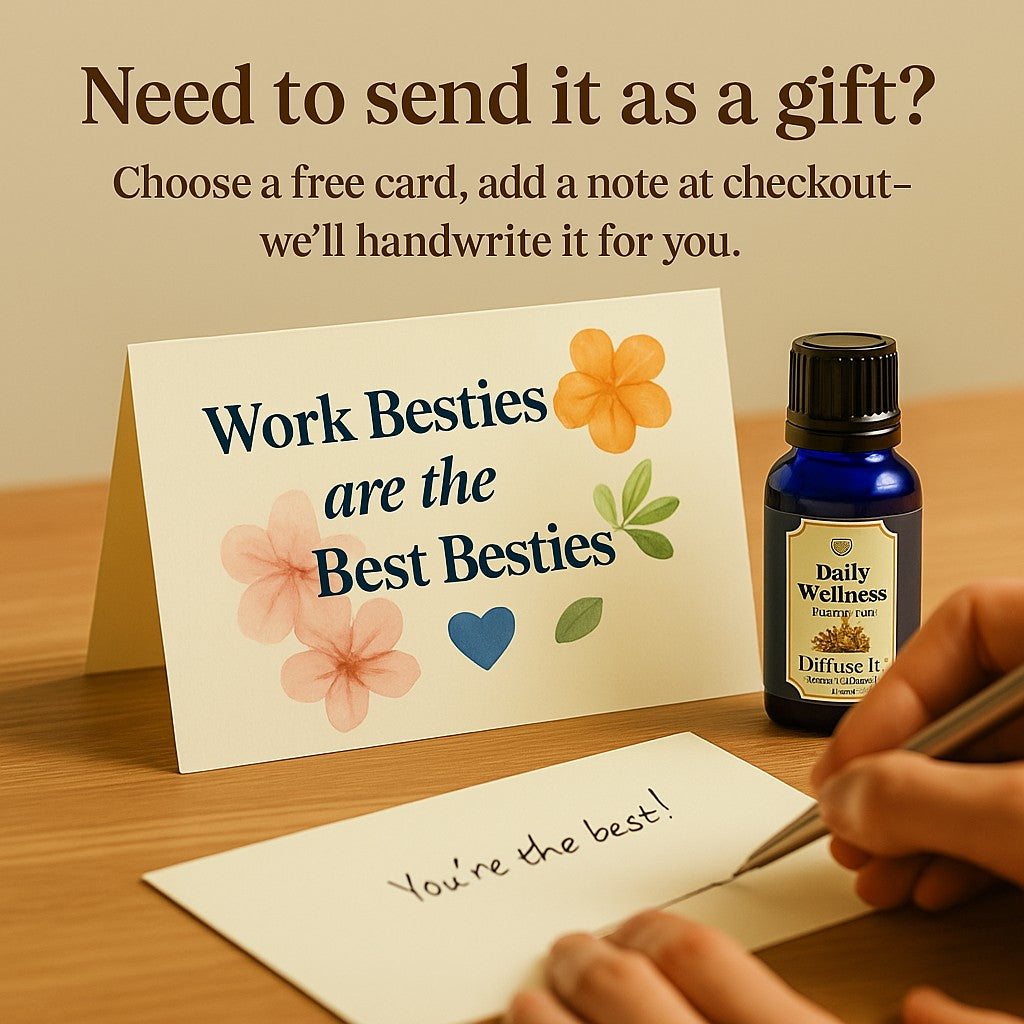 Promotional image showing a cobalt blue essential oil bottle with a gift box and card, highlighting free handwritten notecard options with every gift from Essential for Wellness.