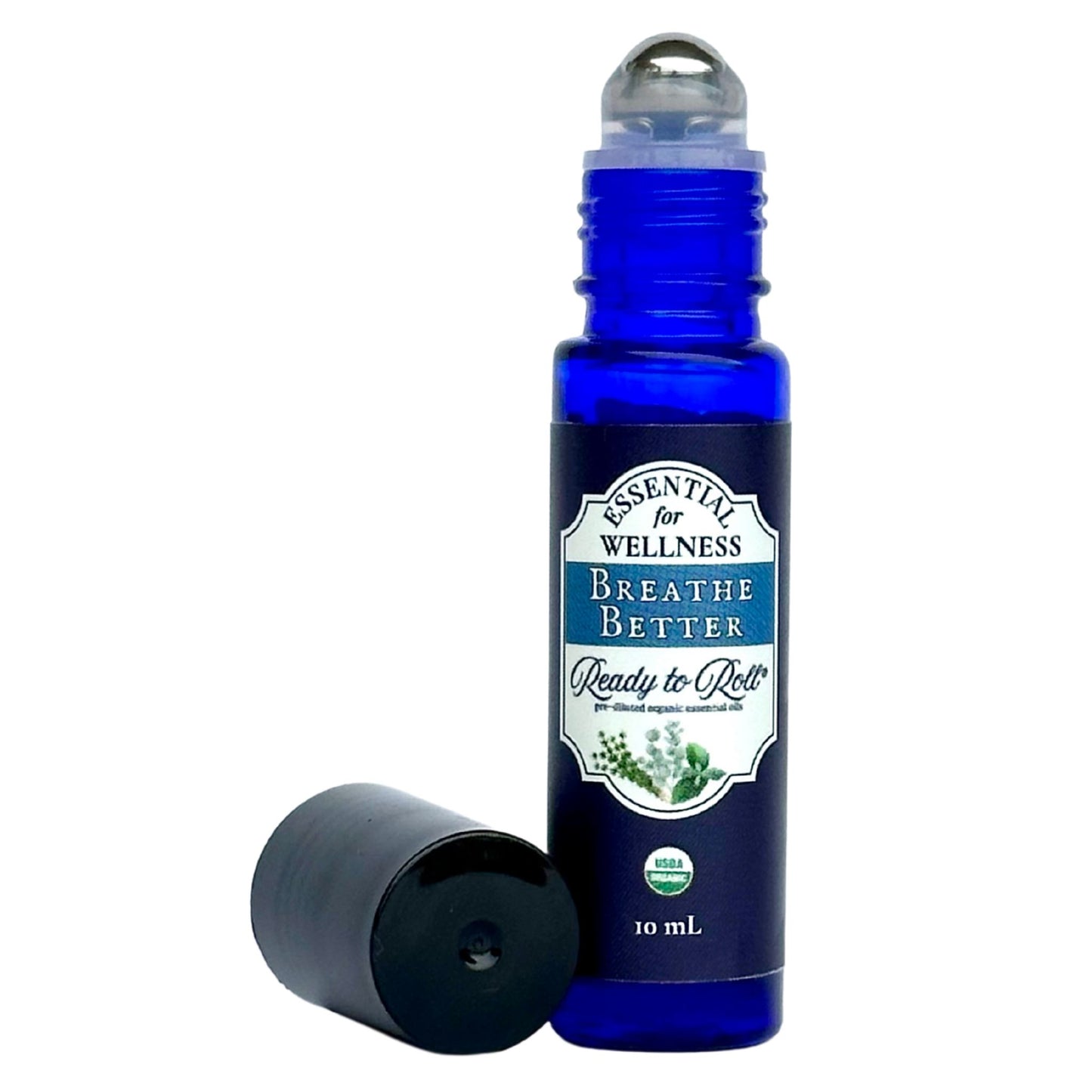 Breathe Better Ready to Roll® by Essential for Wellness – organic roll-on blend for clear breathing with eucalyptus, peppermint, and thyme in a cobalt blue bottle