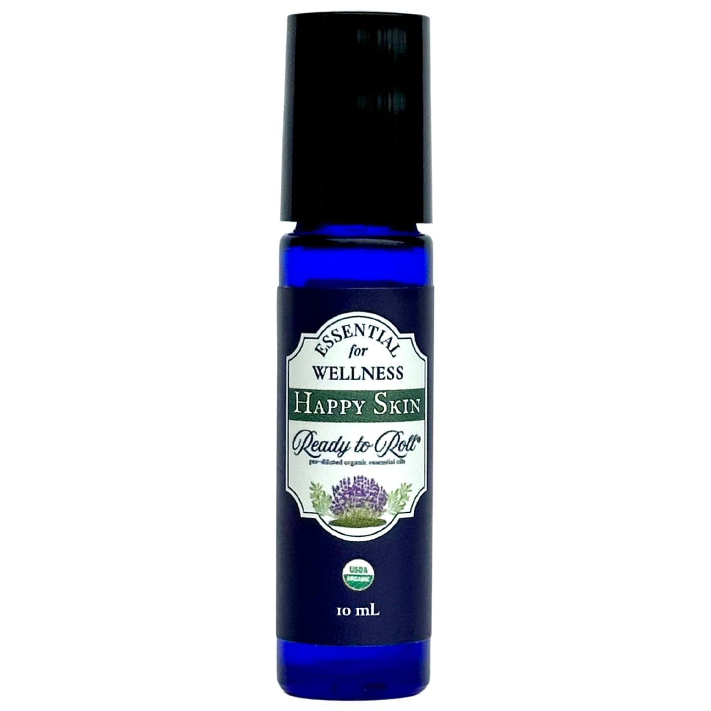 Happy Skin Ready to Roll® blend with cap by Ready to Roll® – organic essential oil roller for dry or irritated skin, featuring tea tree and lavender in a cobalt blue bottle