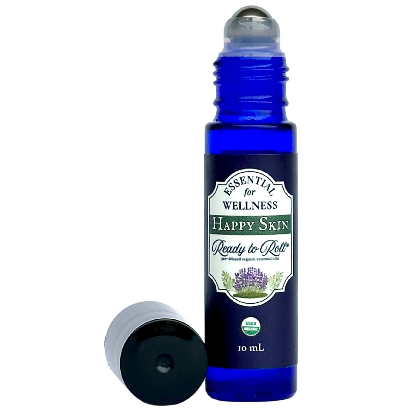 Happy Skin Ready to Roll® blend by Ready to Roll® – organic essential oil roller for dry or irritated skin, featuring tea tree and lavender, in a cobalt blue bottle