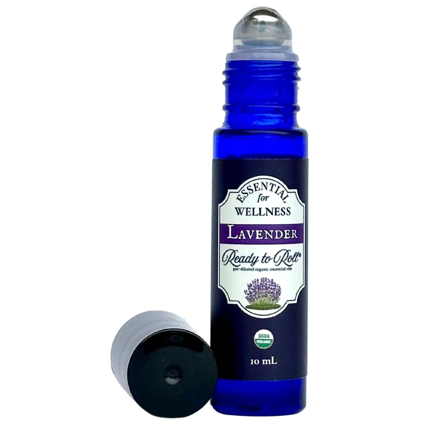 Lavender Ready to Roll® by Essential for Wellness – pre-diluted organic lavender essential oil in a cobalt blue roller bottle for calming support and relaxation