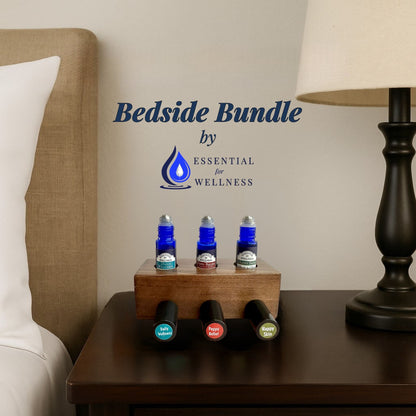 Bedside bundle with essential oil bottles on a nightstand, featuring 'Essential for Wellness' brand.