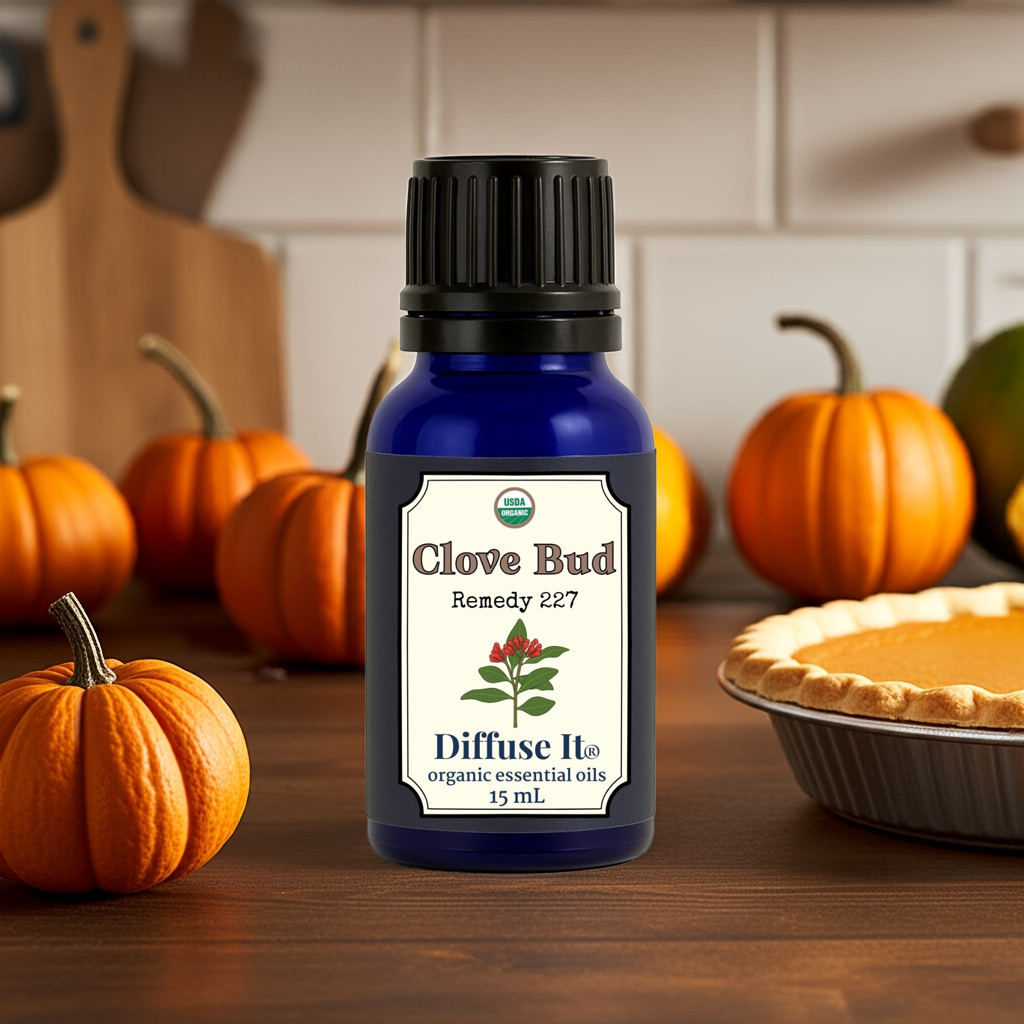 Clove organic essential oil by Diffuse It® from Essential for Wellness on a kitchen table with pumpkins and pumpkin pie