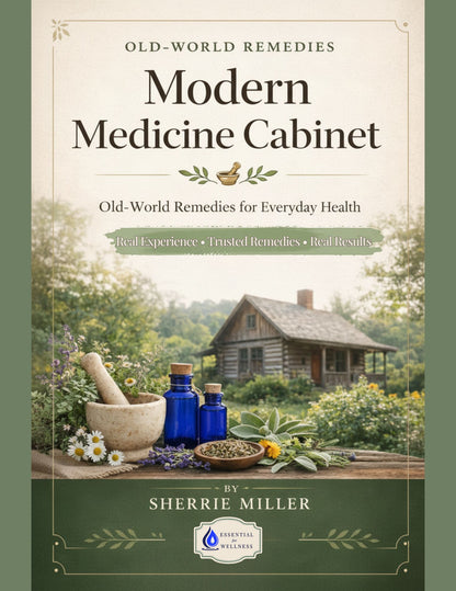 Book cover of 'Modern Medicine Cabinet' by Sherrie Miller with a rustic cabin and herbs on a wooden table.