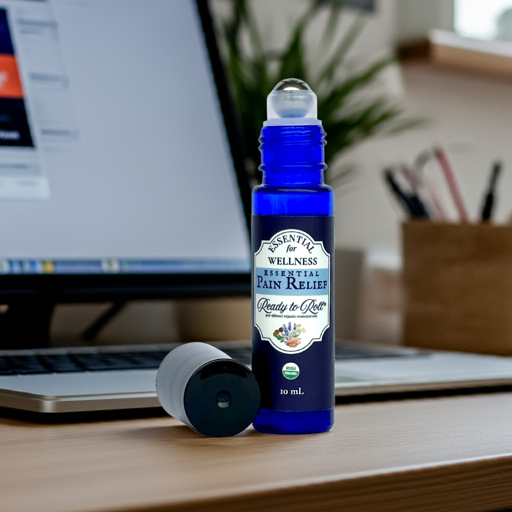 Essential Pain Relief organic essential oil from Ready to Roll® in a roller bottle for occasional flare ups.