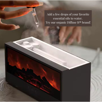 Lid opened on Fireplace Diffuser demonstrating how and where to put in the essential oils and water. From Essential for Wellness