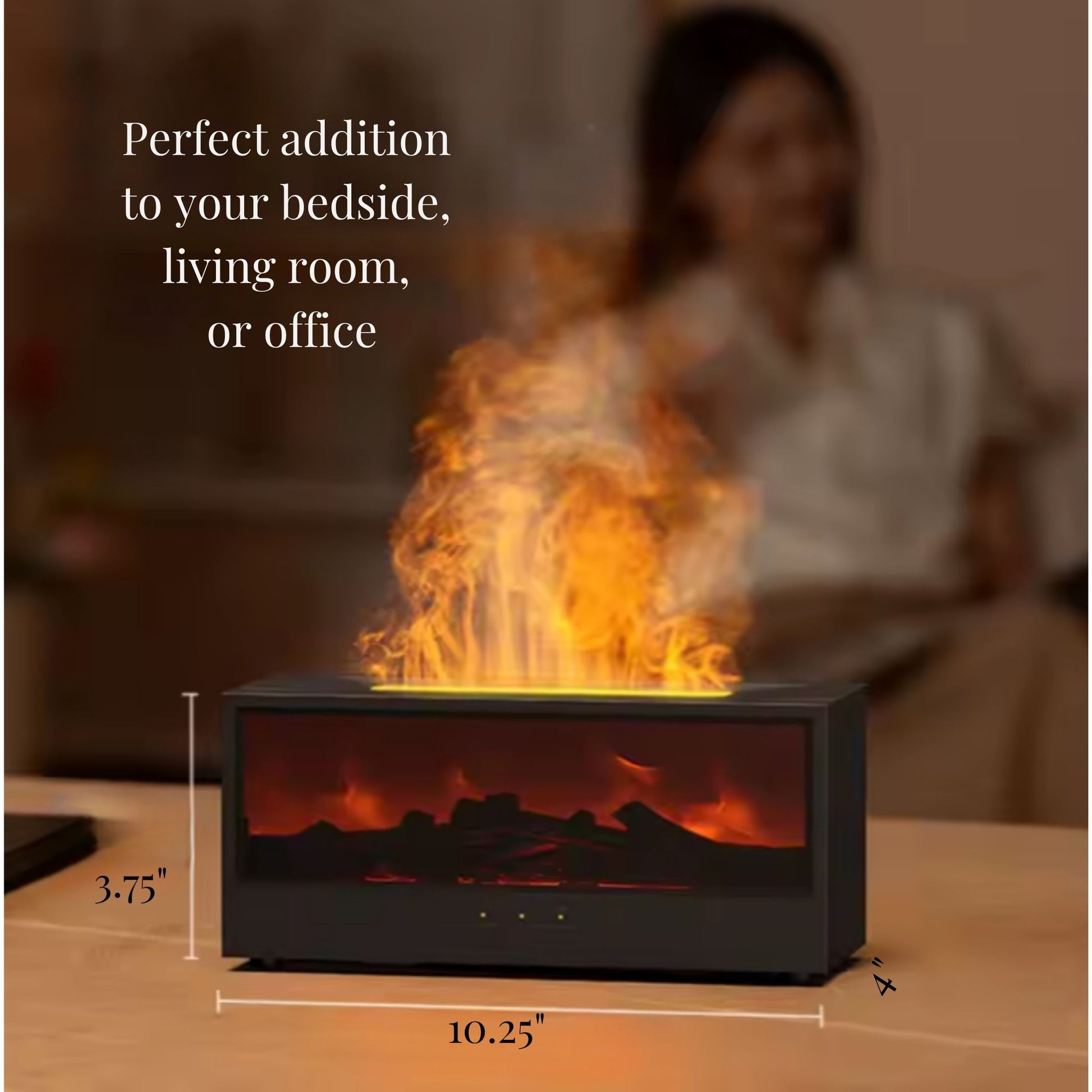 Fireplace Cool Mist Diffuser with size demonstrated 10.25 inches wide, 4 inches deep, and 3.75 inches tall from Essential for Wellness