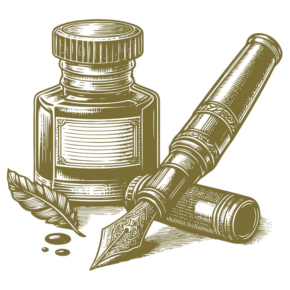 Sepia-colored vintage fountain pen and ink bottle as an icon for the complimentary gift cards available at Essential for Wellness Organic Essential Oils
