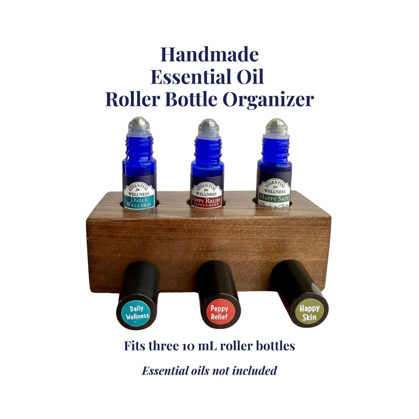 Handmade essential oil roller bottle organizer with three bottles on a white background