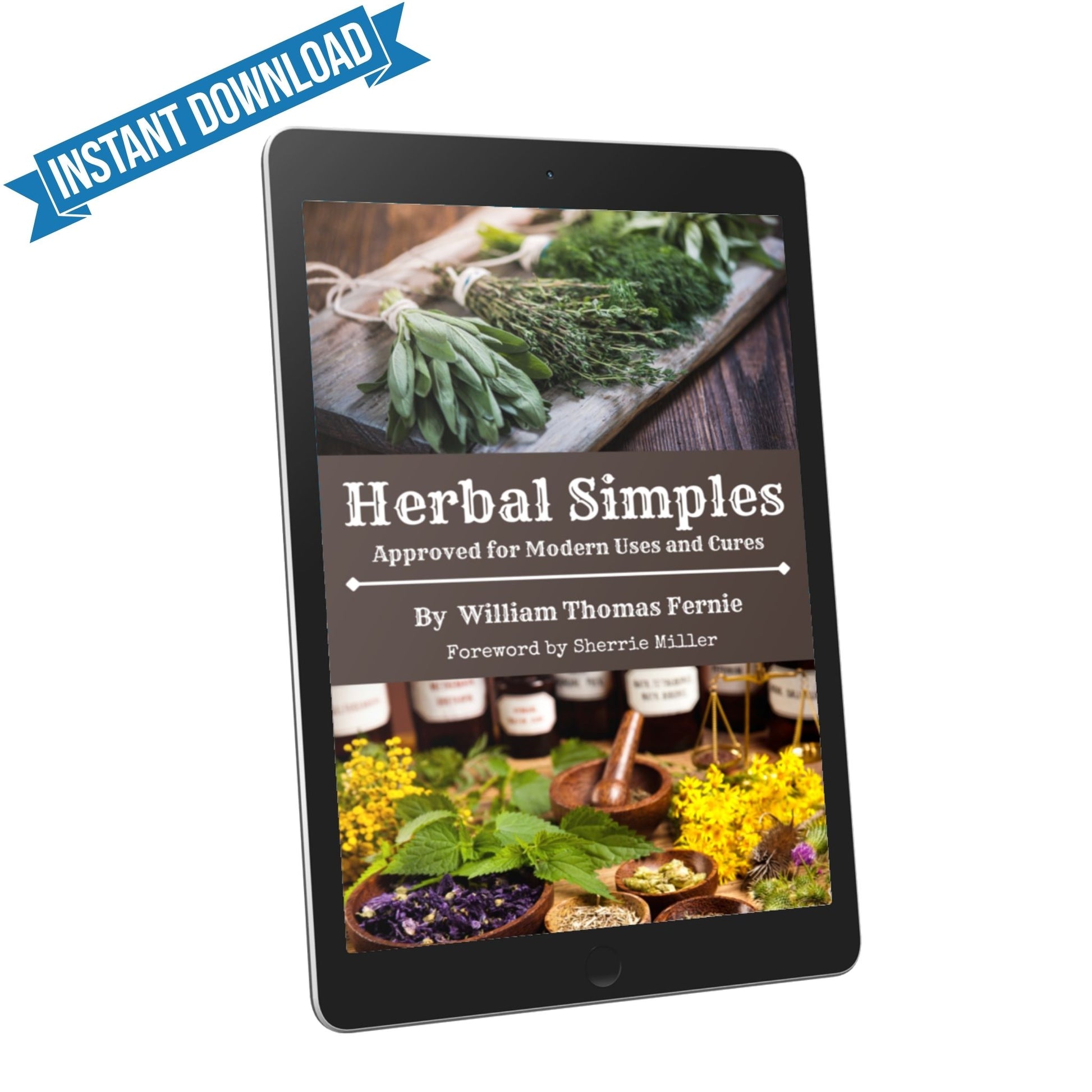 Tablet displaying the cover of 'Herbal Simples' with herbs and a title bar indicating instant download.