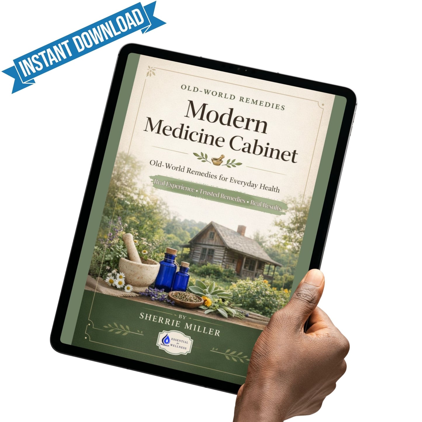 Hand holding a tablet displaying the cover of 'Modern Medicine Cabinet' by Sherrie Miller with a scenic background.