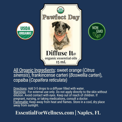 Diffuse It® Pawfect Day pet-safe essential oil blend with frankincense, copaiba, and sweet orange – Essential for Wellness
