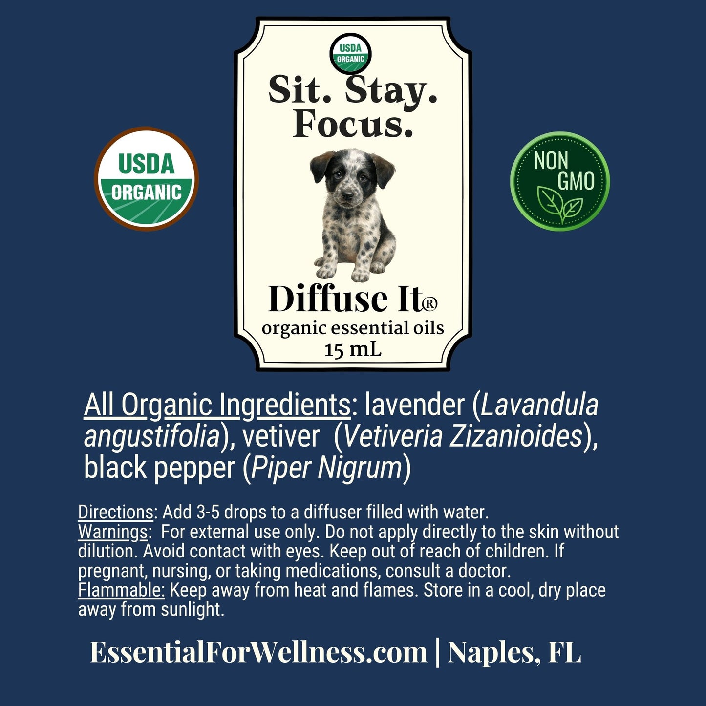 Diffuse It® Sit. Stay. Focus. blend with vetiver, frankincense, and sweet orange – pet-safe diffuser blend – Essential for Wellness