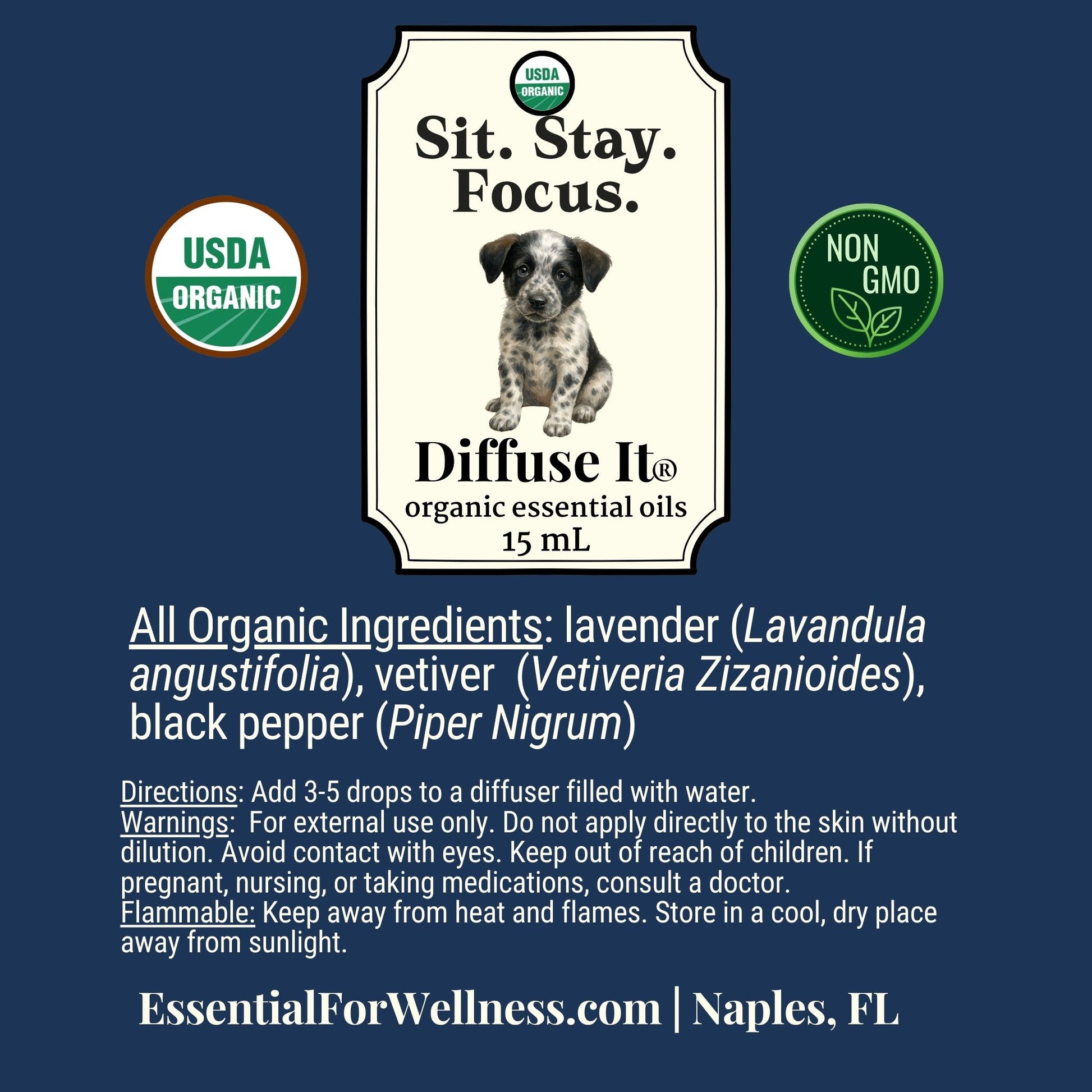 Diffuse It® Sit. Stay. Focus. blend with vetiver, frankincense, and sweet orange – pet-safe diffuser blend – Essential for Wellness