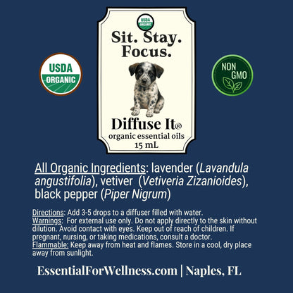 Diffuse It® Sit. Stay. Focus. blend with vetiver, frankincense, and sweet orange – pet-safe diffuser blend – Essential for Wellness