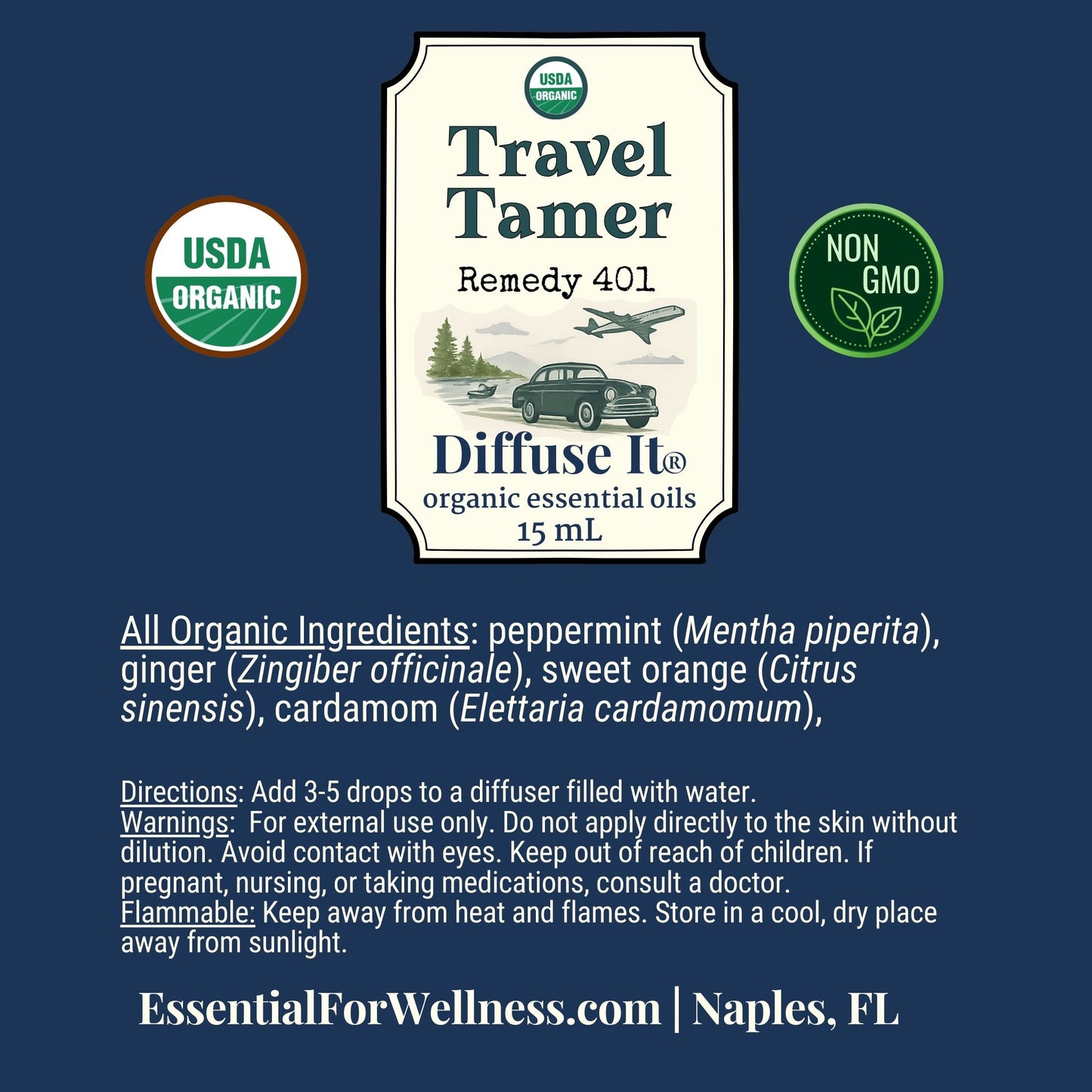 Diffuse It® Travel Tamer essential oil blend with peppermint, ginger, and sweet orange – Essential for Wellness