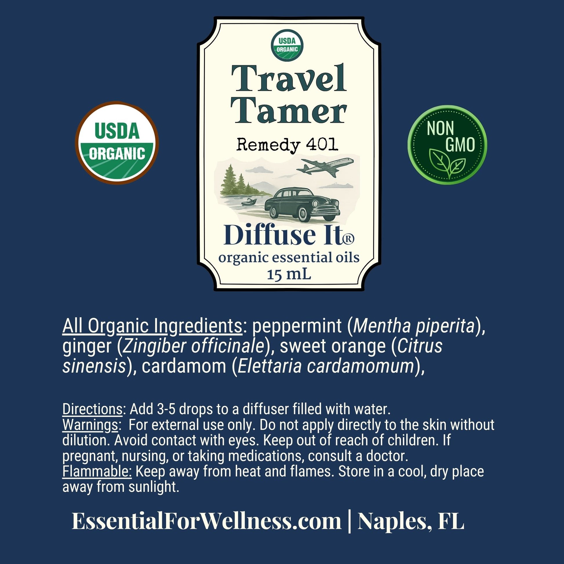 Diffuse It® Travel Tamer essential oil blend with peppermint, ginger, and sweet orange – Essential for Wellness