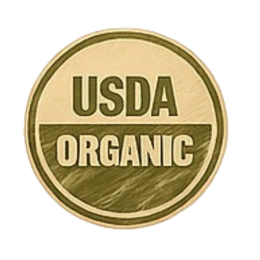 Rustic gold and green USDA Organic symbol showing that essential oils from Essential for Wellness are all organic.