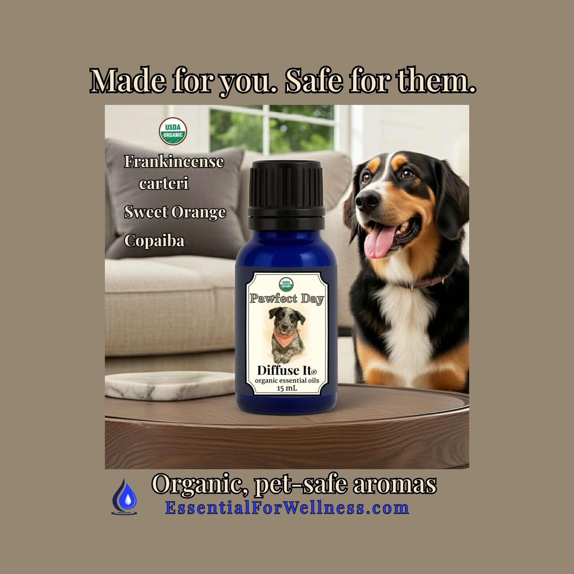 Bottle of 'Perfect Day' diffuser oil with a dog in the background on a wooden table.