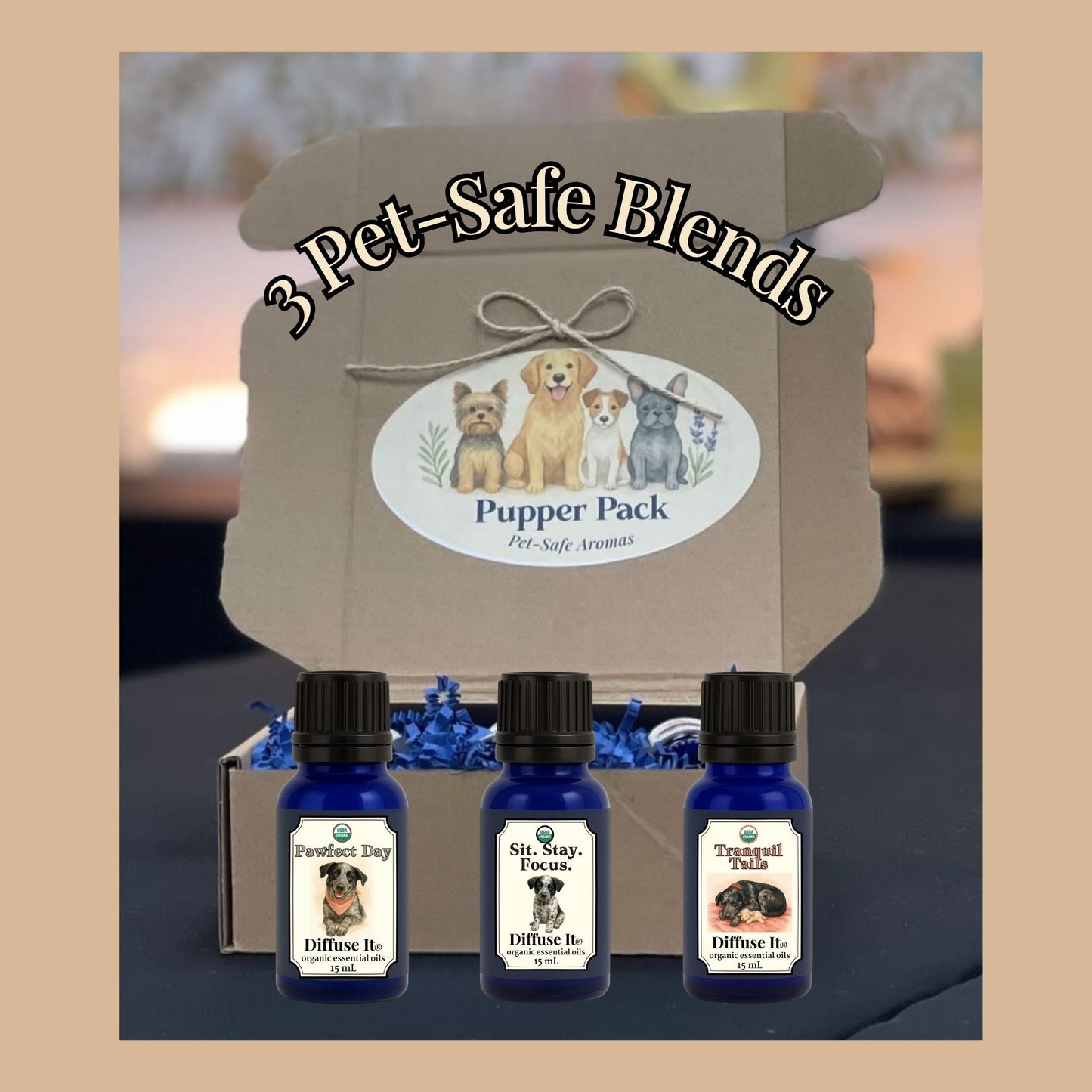 Pet-safe essential oil blends packaging with three bottles in front on a neutral background