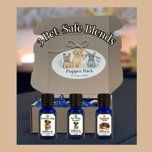 Pet-safe essential oil blends packaging with three bottles in front on a neutral background