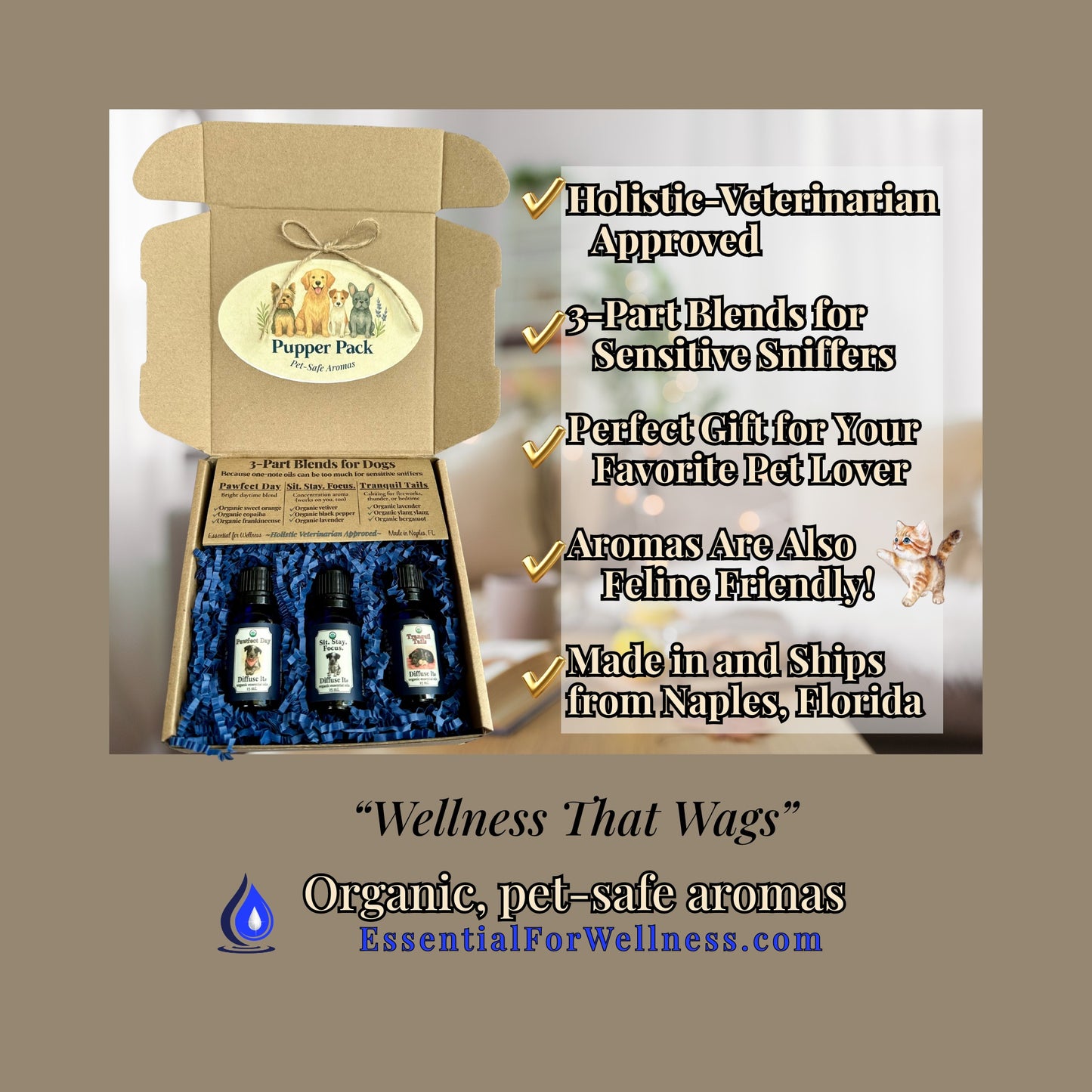 Box of 'Pupper Pack' with essential oils and promotional text on a beige background