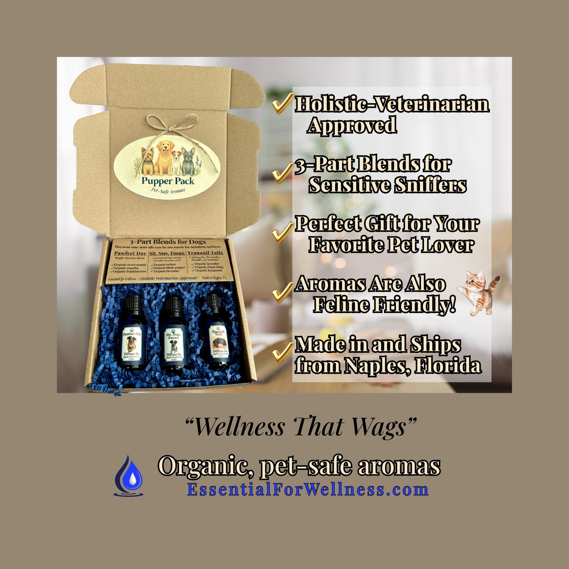 Box of 'Pupper Pack' with essential oils and promotional text on a beige background